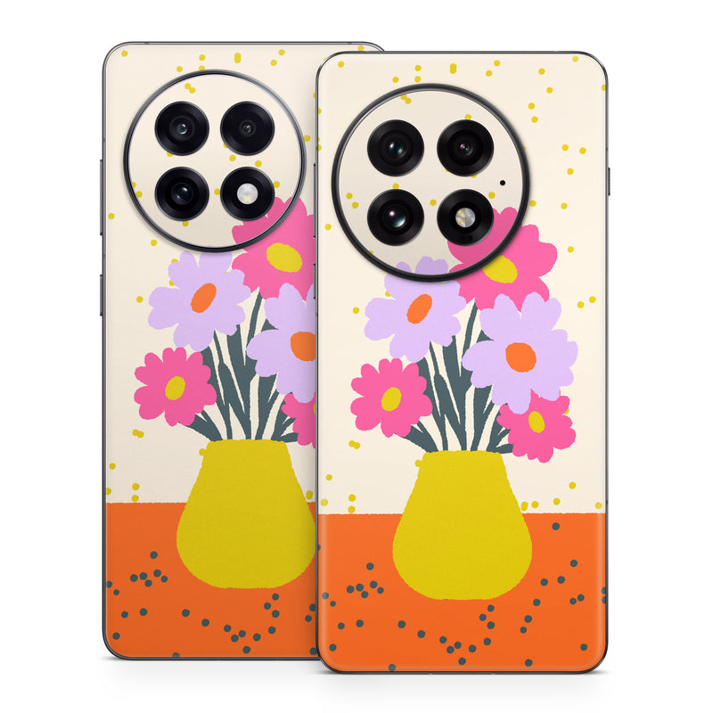 OnePlus 13 Series Skin design of Flower, Plant, Vase, Flowerpot, Petal, Happy, People in nature, Liquid, Font, Art, with white, orange, pink, purple, yellow colors