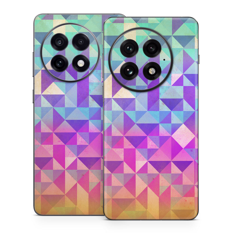 OnePlus 13 Series Skin design of Pattern, Purple, Triangle, Violet, Magenta, Line, Design, Symmetry, Psychedelic art, with gray, purple, green, blue, pink colors
