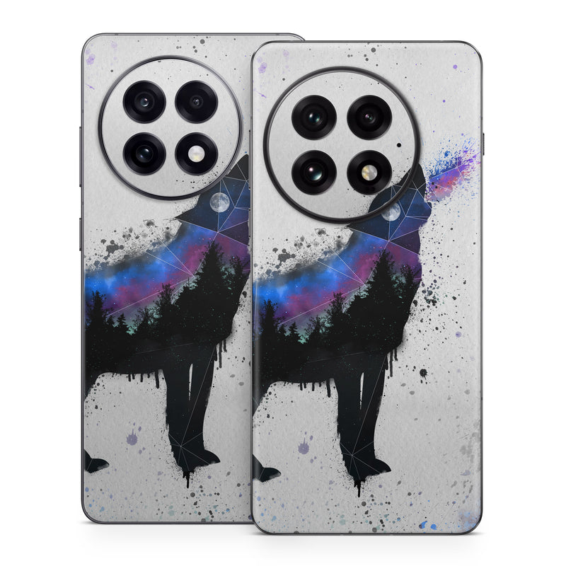 OnePlus 13 Series Skin design of Canidae, Art, Illustration, Watercolor paint, Dog, Graphic design, Street art, Acrylic paint, Painting, Visual arts, with gray, white, blue, black, green, purple colors