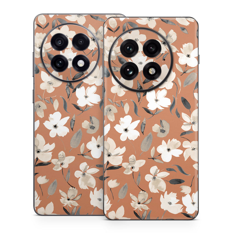 OnePlus 13 Series Skin design of Flower, Plant, Textile, Botany, Petal, Gesture, Line, Font, Groundcover, Art, with brown, white, gray, black colors