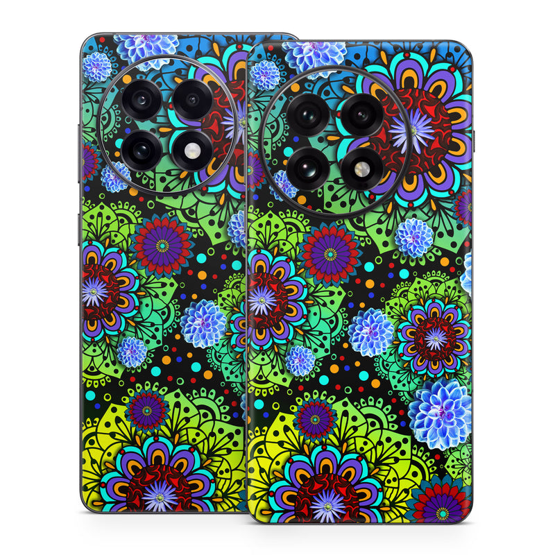 OnePlus 13 Series Skin design of Pattern, Psychedelic art, Design, Flower, Art, Visual arts, Floral design, Plant, Textile, Symmetry, with black, blue, green, purple colors