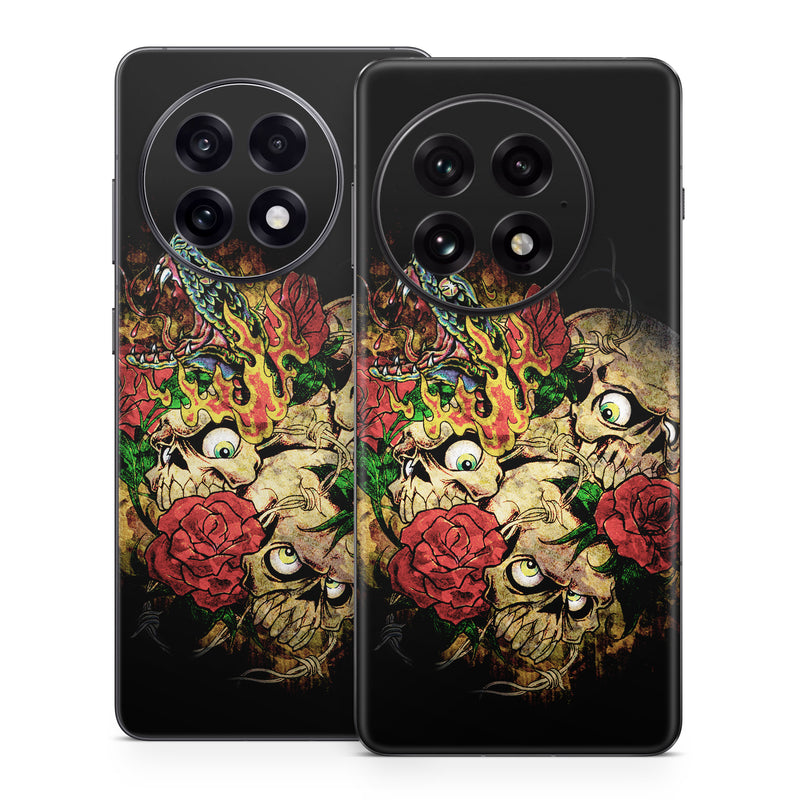 OnePlus 13 Series Skin design of Illustration, Bouquet, Art, Skull, Plant, Rose, Flower, Graphic design, Fictional character, Floral design, with black, red, green, gray colors