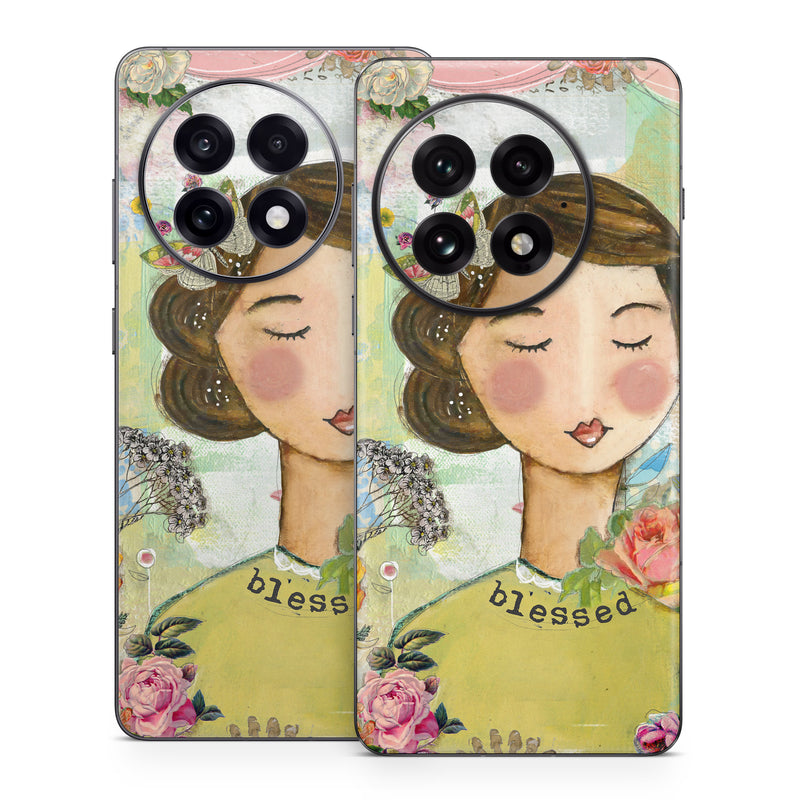 OnePlus 13 Series Skin design of Illustration, Cheek, Art, Watercolor paint, Retro style, Painting, Plant, Flower, Fashion illustration, Fictional character, with pink, green, yellow, white, red, blue colors