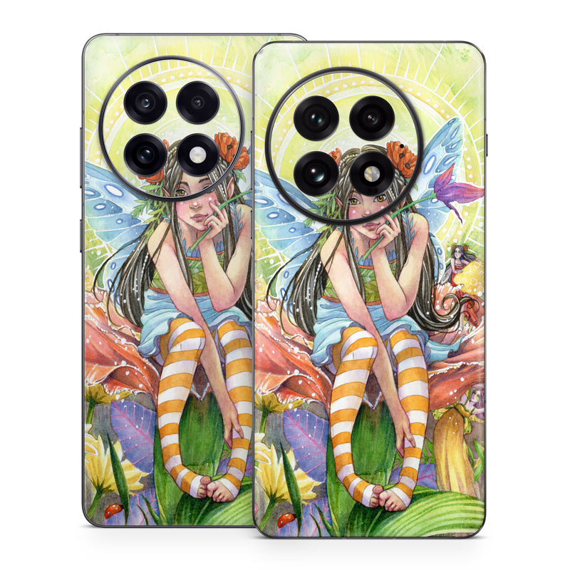 OnePlus 13 Series Skin design of Fictional character, Illustration, Art, Plant, Painting, Wildflower, Mythical creature, with gray, green, black, yellow, red colors