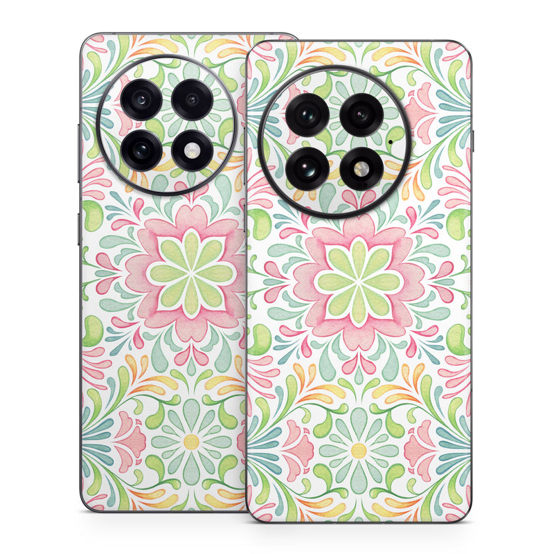 OnePlus 13 Series Skin design of Pattern, Pink, Visual arts, Design, Textile, Wrapping paper, Symmetry, Floral design, Motif, with gray, white, pink, green colors