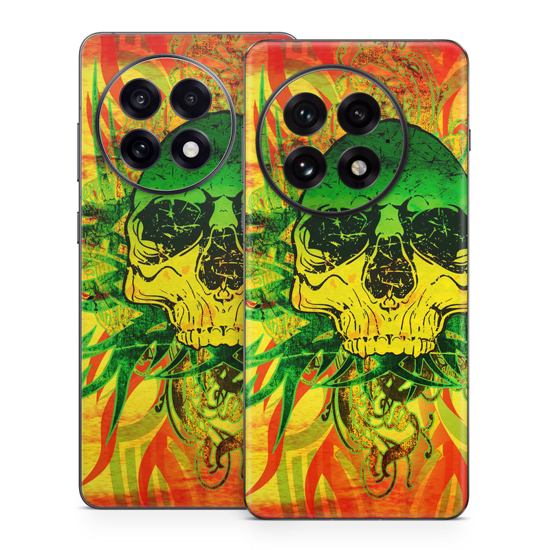 OnePlus 13 Series Skin design of Psychedelic art, Skull, Illustration, Bone, Art, Graphic design, Visual arts, Poster, Plant, Painting, with green, orange, black, red colors