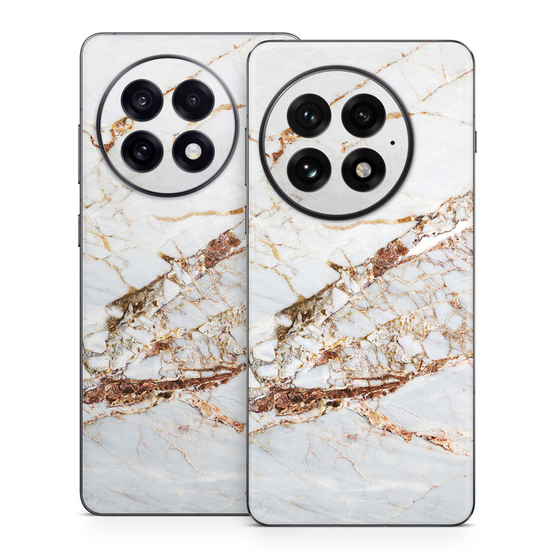 OnePlus 13 Series Skin design of White, Branch, Twig, Beige, Marble, Plant, Tile, with white, gray, yellow colors