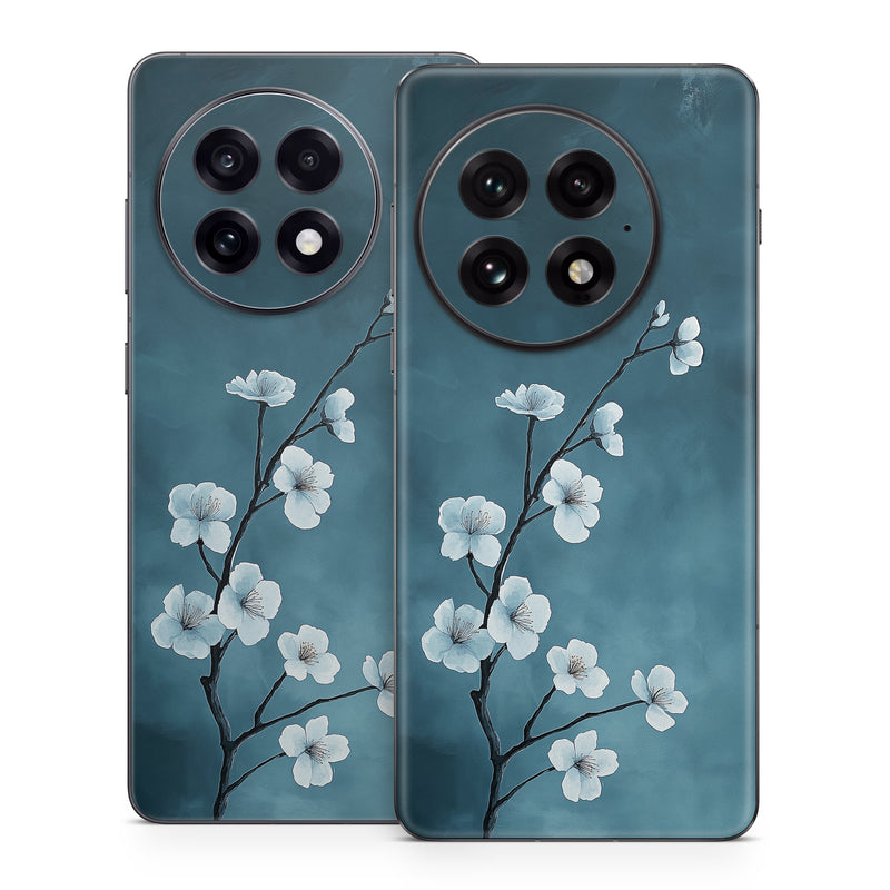 OnePlus 13 Series Skin design of Flower, Nature, Petal, Branch, Twig, Sky, Flowering plant, Cloud, Blossom, Tree, with black, blue, white, gray colors