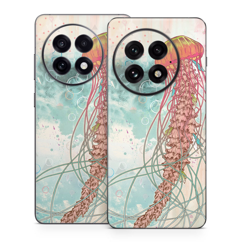 OnePlus 13 Series Skin design of Jellyfish, Illustration, Water, Cnidaria, Marine invertebrates, Organism, Portuguese man o' war, Art, Nepenthes, Invertebrate, with gray, pink, yellow, red, green colors