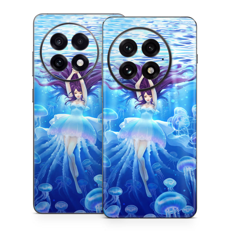 OnePlus 13 Series Skin design of Jellyfish, Cnidaria, Organism, Marine biology, Marine invertebrates, Water, Bioluminescence, Illustration, Electric blue, Fictional character, with blue, purple, gray colors