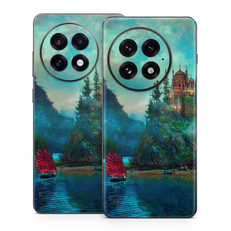 OnePlus 13 Series Skin design of Nature, Natural landscape, Sky, Painting, Landscape, Illustration, Watercolor paint, Art, Calm, Water castle, with black, gray, blue, green colors