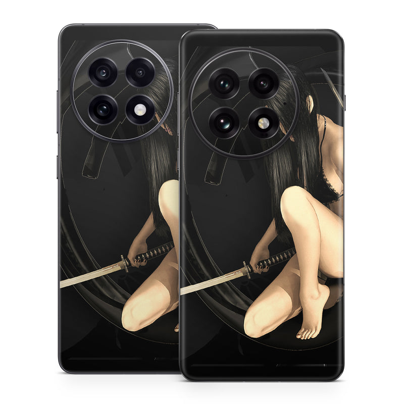 OnePlus 13 Series Skin design of Black, Photography, Leg, Black hair, Cg artwork, Darkness, Fetish model, Sitting, Flash photography, with black, yellow, gray, white colors