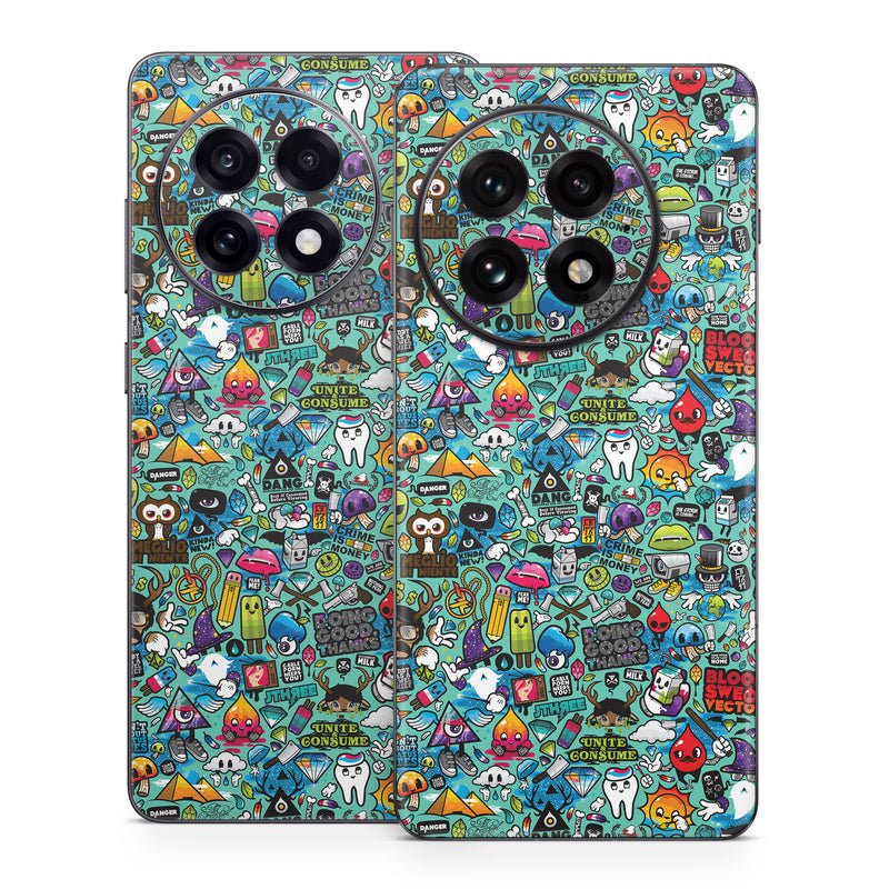 OnePlus 13 Series Skin design of Cartoon, Art, Pattern, Design, Illustration, Visual arts, Doodle, Psychedelic art, with black, blue, gray, red, green colors