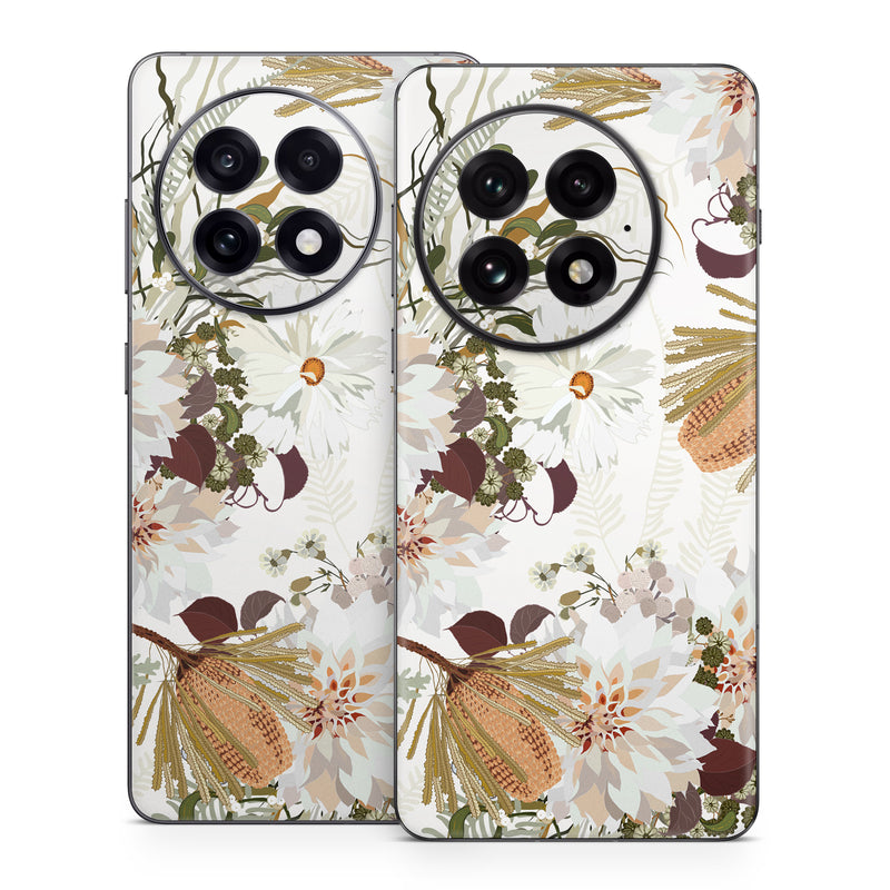 OnePlus 13 Series Skin design of Flower, Botany, Plant, Floral design, Wildflower, Pattern, Wallpaper, Textile, Petal, Butterfly, with white, brown, green, gray colors