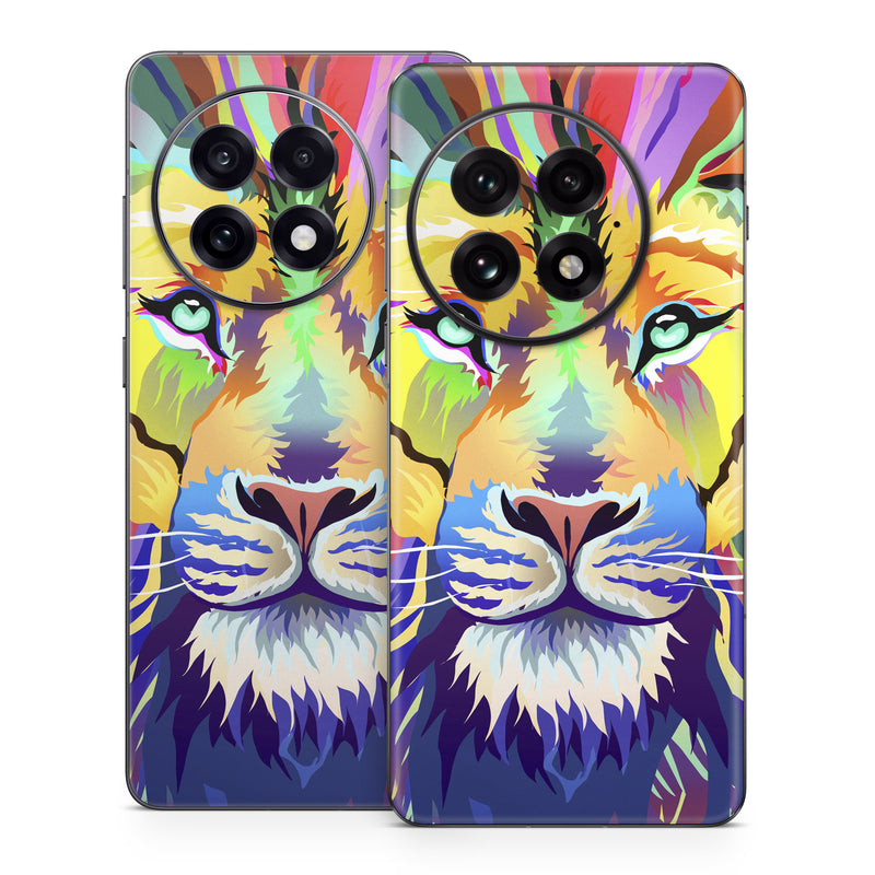 OnePlus 13 Series Skin design of Bengal tiger, Felidae, Lion, Wildlife, Big cats, Tiger, Carnivore, Art, Illustration, Painting, with orange, yellow, green, red, pink, blue, purple colors