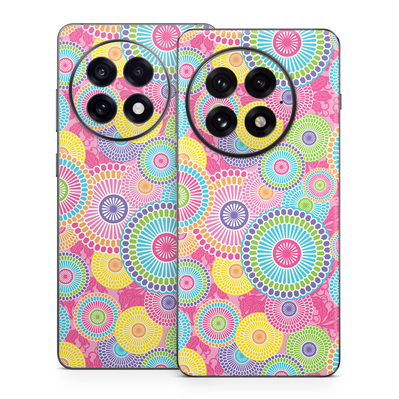 OnePlus 13 Series Skin design of Pattern, Circle, Textile, Design, Visual arts, Wrapping paper, with gray, pink, purple, orange, blue, green colors