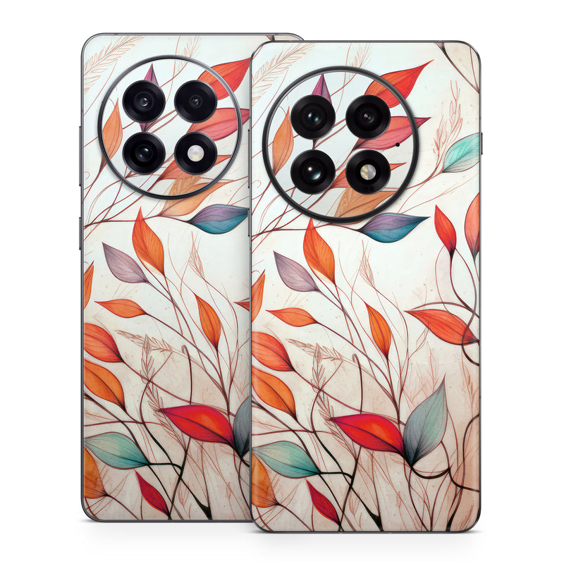 OnePlus 13 Series Skin design of Plant, Vertebrate, Art paint, Nature, Botany, Leaf, Branch, Twig, Textile, Orange, with yellow, orange, red, white, brown, blue colors