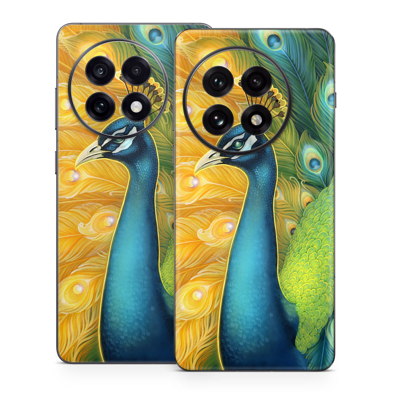 OnePlus 13 Series Skin design of Bird, Peafowl, Phasianidae, Beak, Organism, Art paint, Galliformes, Art, Feather, Painting, with yellow, orange, green, blue, white, black colors