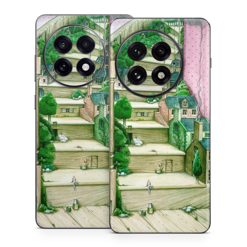 OnePlus 13 Series Skin design of Green, Stairs, House, Watercolor paint, Home, Illustration, Building, Wood, Plant, Sketch, with pink, green, brown colors