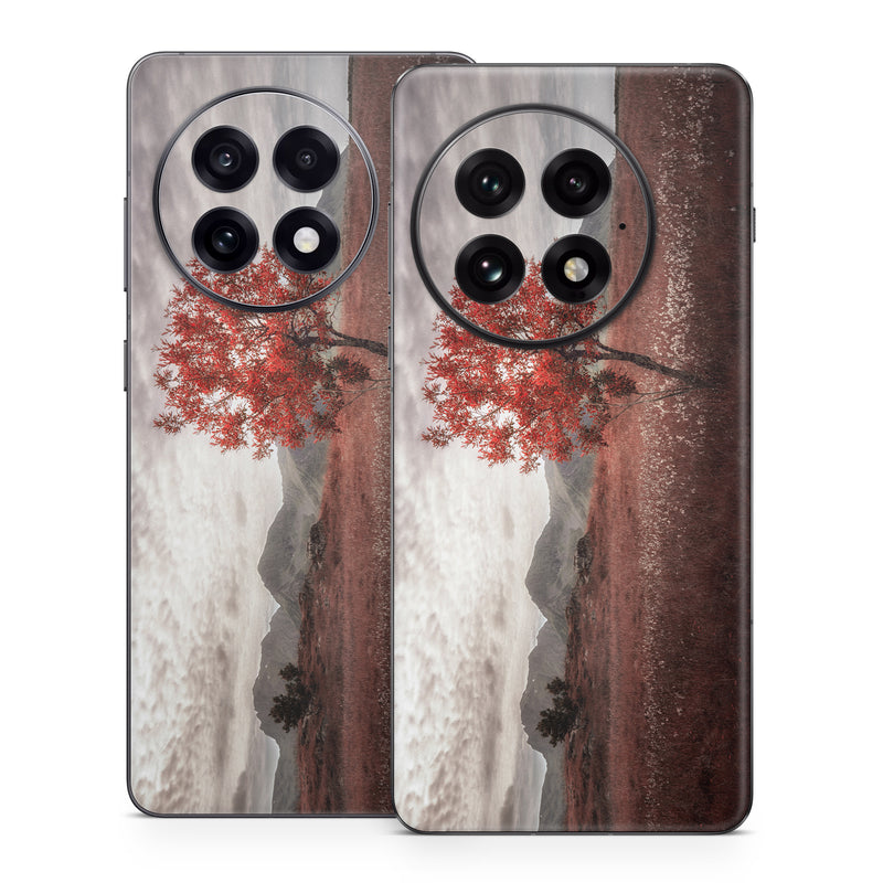 OnePlus 13 Series Skin design of Natural landscape, Nature, Tree, Sky, Red, Natural environment, Atmospheric phenomenon, Leaf, Cloud, Woody plant, with black, gray, red colors