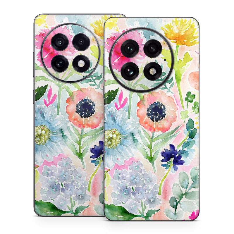 OnePlus 13 Series Skin design of Flower, Watercolor paint, Plant, Flowering plant, Pattern, Floral design, Botany, Petal, Wildflower, Design, with green, pink, yellow, orange, blue, red, purple colors