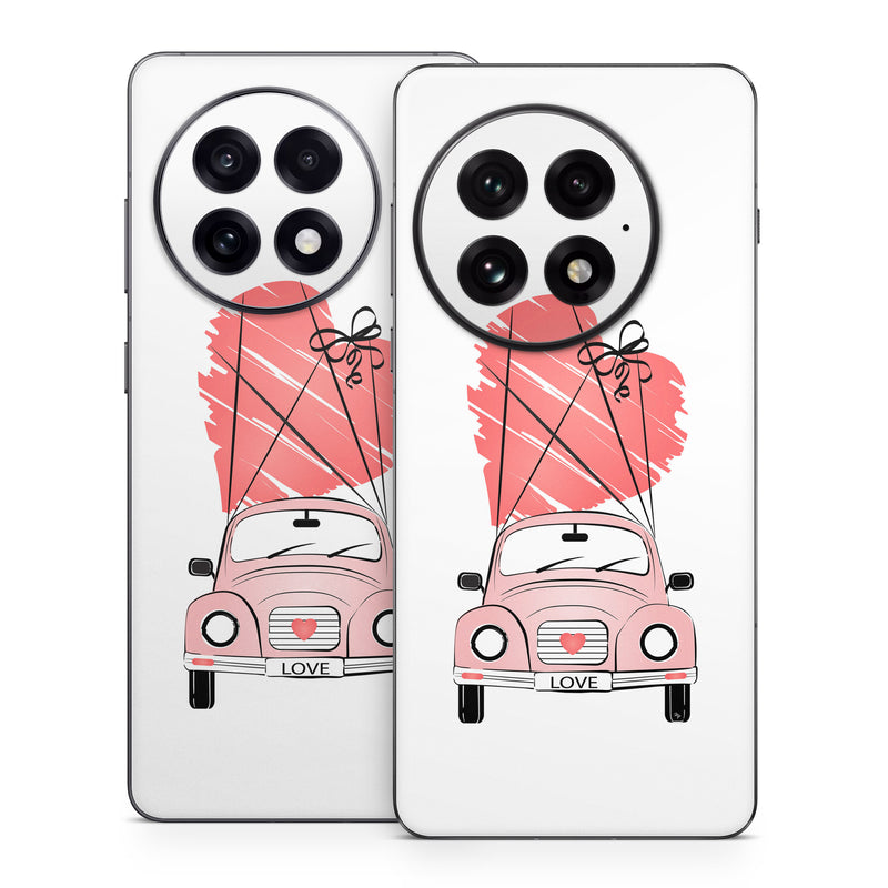 OnePlus 13 Series Skin design of Land vehicle, Wheel, Vehicle, Tire, Hood, Automotive lighting, Car, Motor vehicle, Kit car, Cartoon, with white, pink, black, red colors