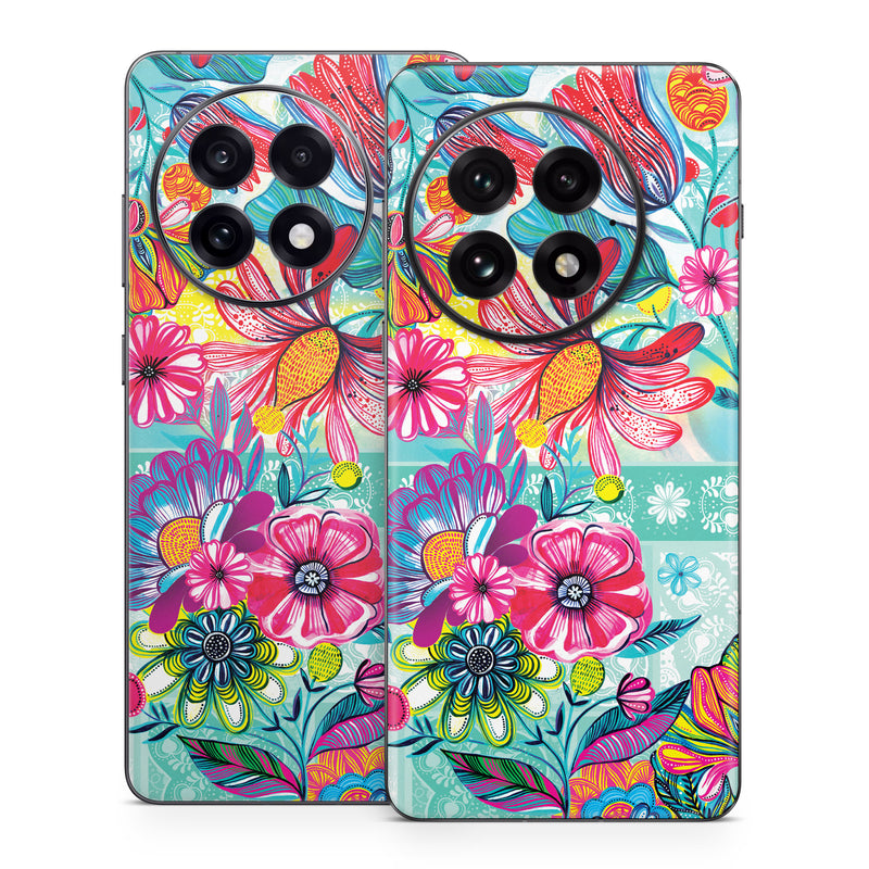 OnePlus 13 Series Skin design of Pattern, Floral design, Textile, Pink, Design, Flower, Visual arts, Wildflower, Plant, with blue, pink, purple, red, green, yellow, orange colors