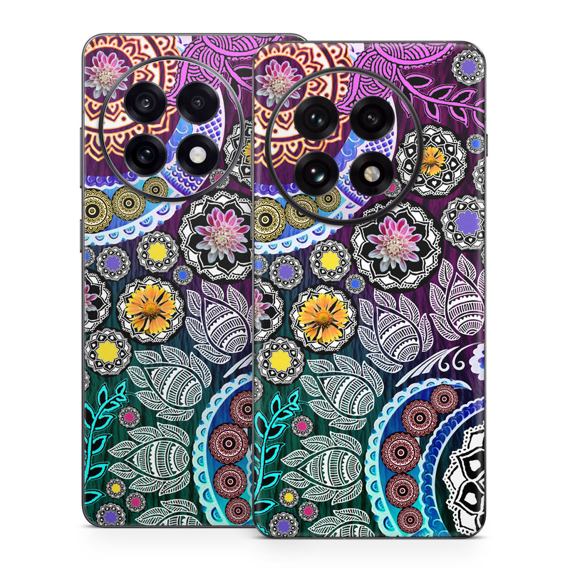 OnePlus 13 Series Skin design of Pattern, Psychedelic art, Art, Visual arts, Design, Floral design, Textile, Motif, Circle, Illustration, with black, gray, purple, blue, green, red colors