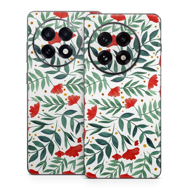 OnePlus 13 Series Skin design of Flower, Plant, Textile, Line, Petal, Pattern, Flowering plant, Pedicel, Creative arts, Rectangle, with red, green, orange, white colors