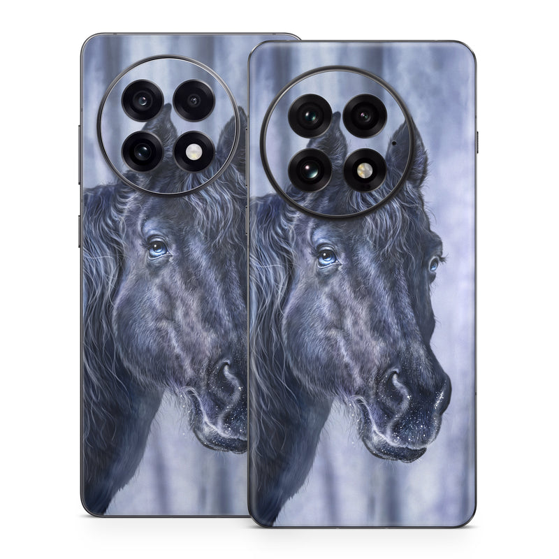 OnePlus 13 Series Skin design of Horse, Mammal, Vertebrate, Hair, Mane, Stallion, Snout, Mare, Mustang horse, Livestock, with black, white, blue colors