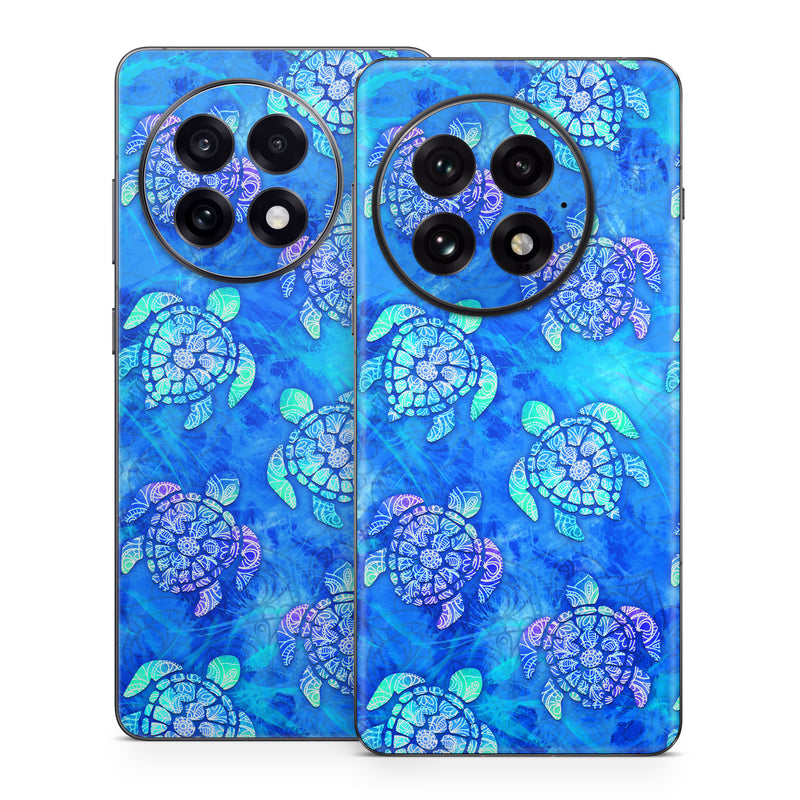 OnePlus 13 Series Skin design of Blue, Pattern, Organism, Design, Sea turtle, Plant, Electric blue, Hydrangea, Flower, Symmetry, with blue, green, purple colors