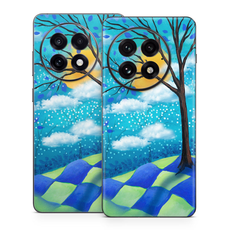 OnePlus 13 Series Skin design of Natural landscape, Nature, Blue, Tree, Sky, Branch, Spring, Woody plant, Plant, Leaf, with blue, gray, black, purple, green colors