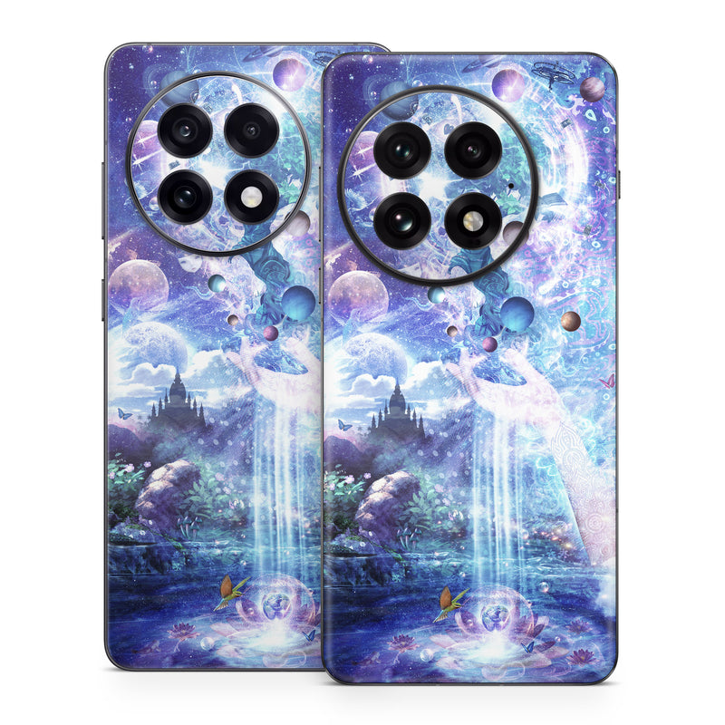 OnePlus 13 Series Skin design of Bird, Butterfly, Planets, Deer, Space, Purple, World, Astronomical Object, Cg Artwork, Illustration, Universe, Painting, Fictional Character, Outer Space, Astronomy, Science, Water Feature, Graphic Design, Graphics, Star, Mythology, with blue, purple, white, black, gray, green colors
