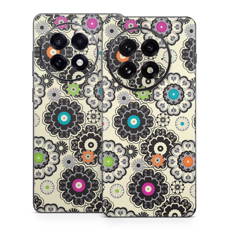OnePlus 13 Series Skin design of Pattern, Circle, Design, Visual arts, Floral design, Textile, Psychedelic art, Art, Plant, with gray, black, pink, green, purple colors