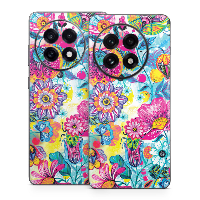 OnePlus 13 Series Skin design of Pattern, Floral design, Textile, Design, Flower, Wildflower, Visual arts, Plant, Wrapping paper, with blue, pink, purple, green, yellow, orange, white colors