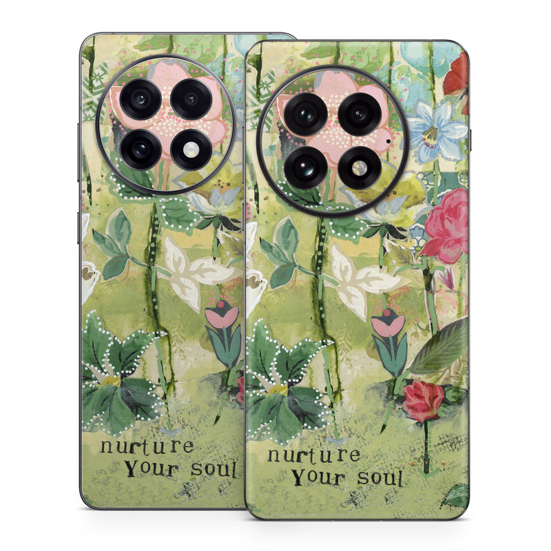 OnePlus 13 Series Skin design of Flower, Plant, Botany, Pink, Wildflower, Flowering plant, Watercolor paint, Petal, Floral design, Pattern, with green, pink, red, blue, white, black colors