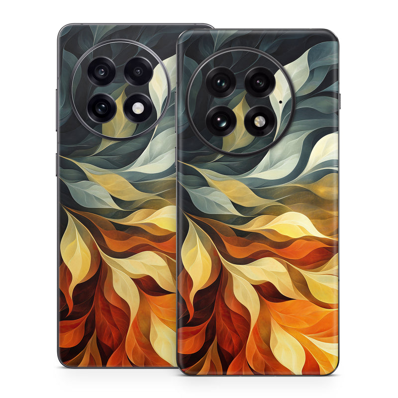 OnePlus 13 Series Skin design of Yellow, Orange, Art, Brown, Visual arts, Modern art, Design, Graphics, Fractal art, Paint, with red, orange, yellow, white, black, gray colors