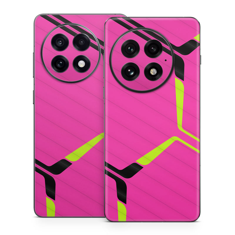 OnePlus 13 Series Skin design of Purple, Textile, Sleeve, Jersey, Violet, Triangle, Font, Magenta, Collar, Parallel, with pink, black, yellow colors
