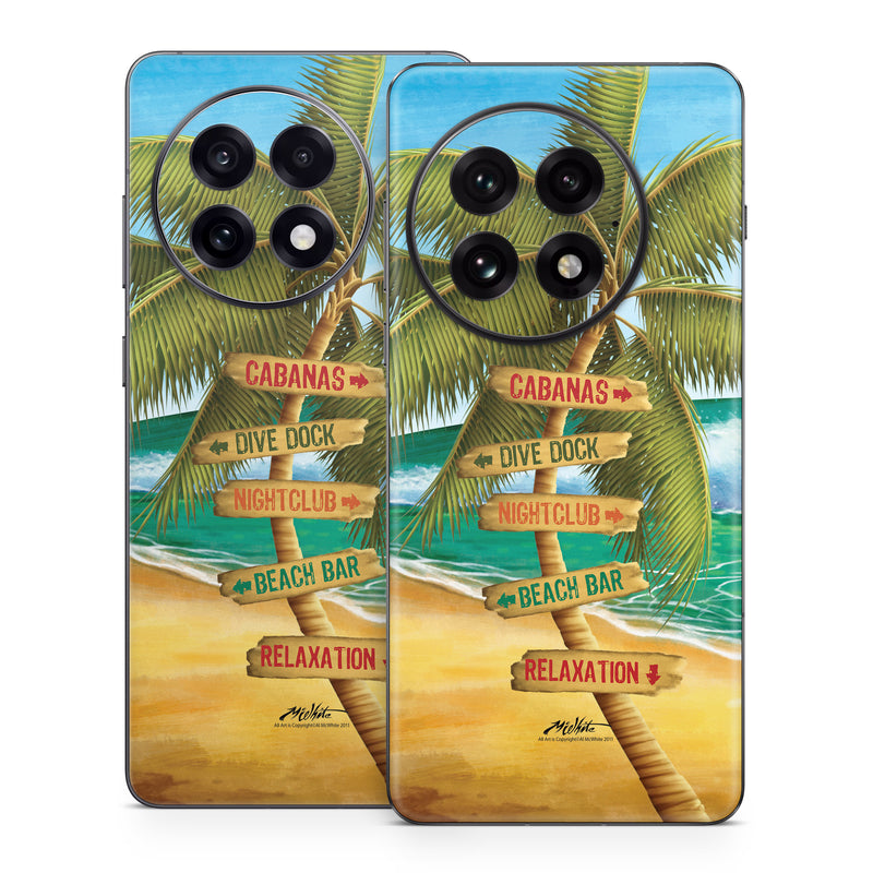 OnePlus 13 Series Skin design of Palm tree, Arecales, Tropics, Tree, Caribbean, Wave, Water, Coconut, Ocean, Elaeis, with green, purple, gray, black, blue colors