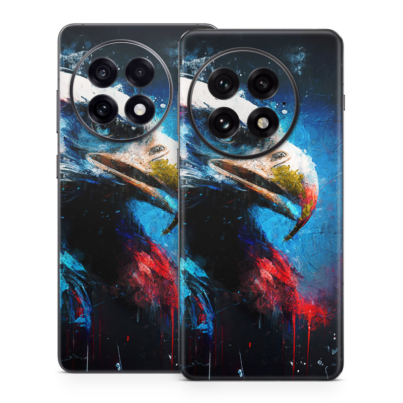 OnePlus 13 Series Skin design of Bird, Beak, Organism, Art, Feather, Paint, Painting, Accipitridae, Bird of prey, Electric blue, with blue, red, white, black, gray, yellow colors