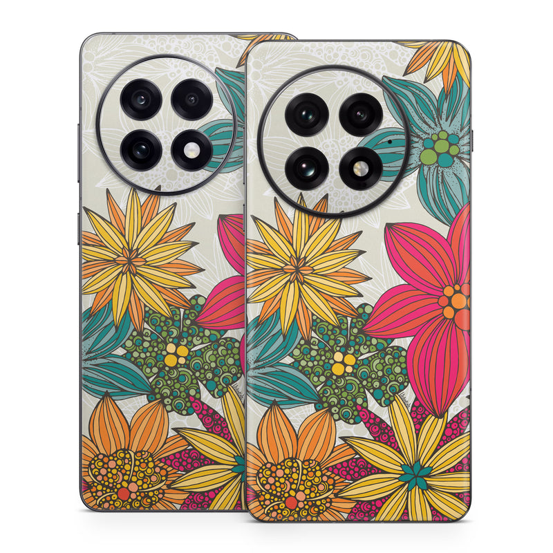 OnePlus 13 Series Skin design of Floral design, Pattern, Flower, Wildflower, Plant, Botany, Leaf, Design, Textile, Visual arts, with blue, yellow, red, green, orange, gray colors