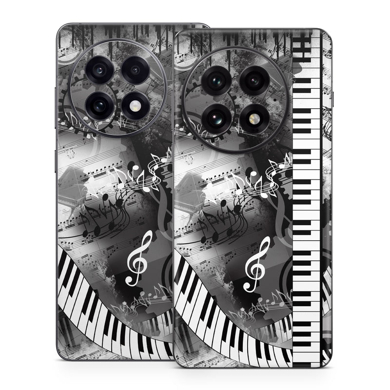 OnePlus 13 Series Skin design of Music, Monochrome, Black-and-white, Illustration, Graphic design, Musical instrument, Technology, Musical keyboard, Piano, Electronic instrument, with black, gray, white colors