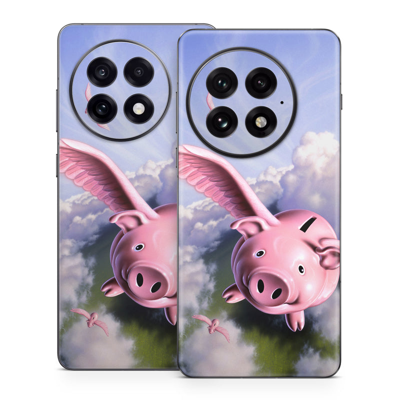 OnePlus 13 Series Skin design of Cloud, Sky, Happy, Pink, Bird, Art, Wing, Snout, Wind, Fictional character, with pink, white, blue, gray, green colors