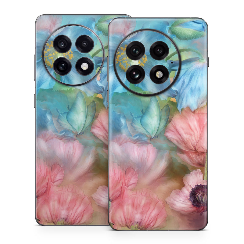 OnePlus 13 Series Skin design of Flower, Petal, Watercolor paint, Painting, Plant, Flowering plant, Pink, Botany, Wildflower, Still life, with gray, blue, black, red, green colors
