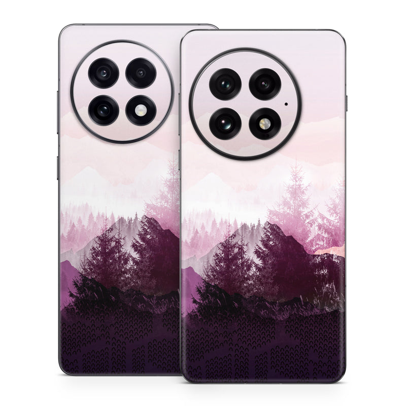 OnePlus 13 Series Skin design of Sky, Purple, Atmospheric phenomenon, Pink, Natural landscape, Violet, Mountain, Tree, Morning, Mountain range, with white, purple, black, pink colors