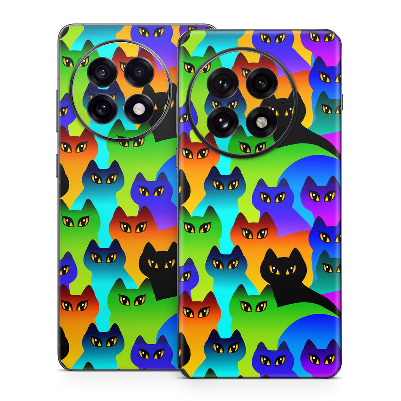 OnePlus 13 Series Skin design of Black cat, Purple, Cat, Small to medium-sized cats, Pattern, Design, Felidae, Illustration, Art, with black, blue, green, purple colors