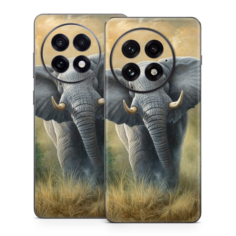 OnePlus 13 Series Skin design of Terrestrial animal, Elephants and Mammoths, Vertebrate, Wildlife, Mammal, African elephant, Indian elephant, Grassland, Working animal, Tusk, with gray, white, green, brown, yellow, orange colors