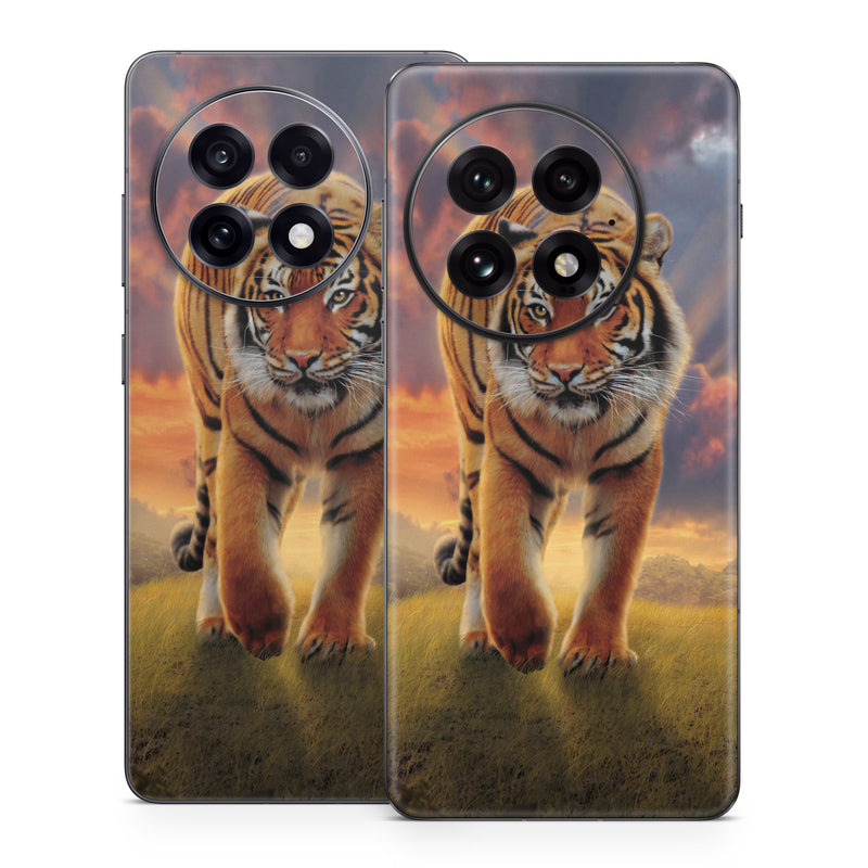 OnePlus 13 Series Skin design of Tiger, Wildlife, Bengal tiger, Mammal, Felidae, Siberian tiger, Sky, Big cats, Terrestrial animal, Carnivore, with black, white, yellow, red, green, blue colors