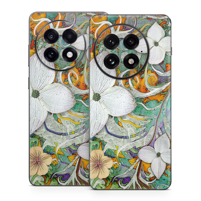 OnePlus 13 Series Skin design of Flower, Pattern, Plant, Wildflower, Floral design, Petal, Art, Painting, Visual arts, Wallpaper, with gray, black, green, blue, red colors
