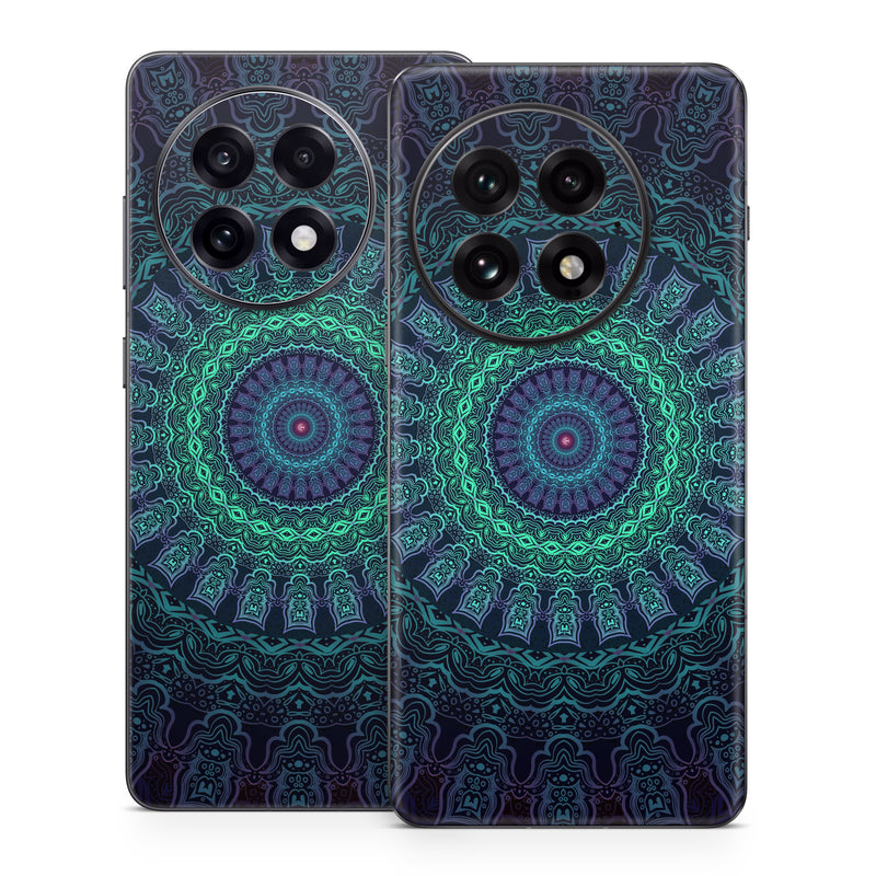 OnePlus 13 Series Skin design of Colorfulness, Blue, Green, Pattern, Teal, Turquoise, Art, Electric Blue, Aqua, Circle, Majorelle Blue, Visual Arts, Fractal Art, Design, Symmetry, Psychedelic Art, Graphics, Kaleidoscope, Motif, with black, green, red colors